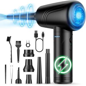 image11in1 Compressed Air Duster 3Gear Adjustable 120000 RPM Electric Air Duster with LED Light Reusable no Canned Keyboard Cleaner for Office 9000mAh Cordless Air Duster for ComputerCarBlack