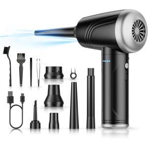 image11in1 Compressed Air Duster 3Gear Adjustable 120000 RPM Electric Air Duster with LED Light Reusable no Canned Keyboard Cleaner for Office 9000mAh Cordless Air Duster for ComputerCarSliverblack