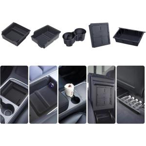 image5PCS Center Console Organizer Tray for Tesla Model Y 20242020Not Fit 2024 2025 Model Y Juniper Interior Accessories with Armrest Storage Tray Hidden Storage Box Cup Holder Center Console MatFullBlack