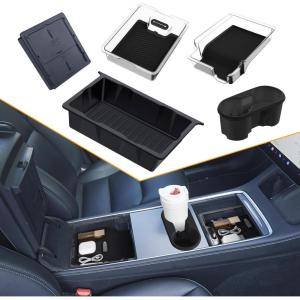 image5PCS Center Console Organizer Tray for Tesla Model Y 20242020Not Fit 2024 2025 Model Y Juniper Interior Accessories with Armrest Storage Tray Hidden Storage Box Cup Holder Center Console MatTransparent
