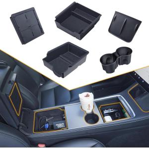 image5PCS Center Console Organizer Tray for Tesla Model Y 20242020Not Fit 2024 2025 Model Y Juniper Interior Accessories with Armrest Storage Tray Hidden Storage Box Cup Holder Center Console MatDull Black