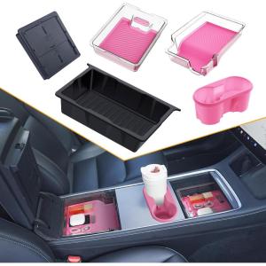 image5PCS Center Console Organizer Tray for Tesla Model Y 20242020Not Fit 2024 2025 Model Y Juniper Interior Accessories with Armrest Storage Tray Hidden Storage Box Cup Holder Center Console MatPink